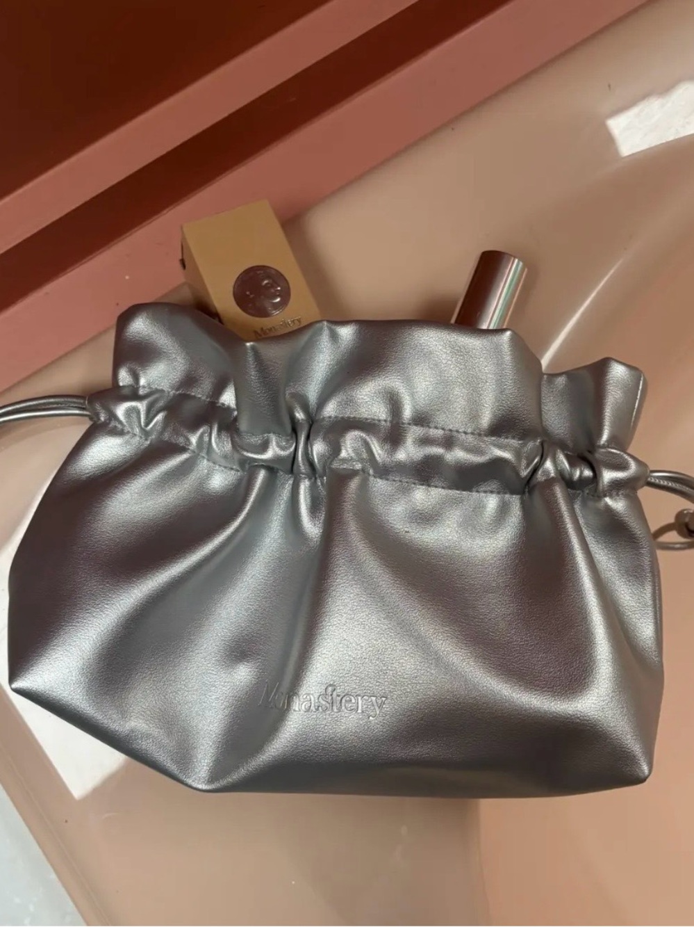 Monastery Made Metallic Silver Drawstring Pouch